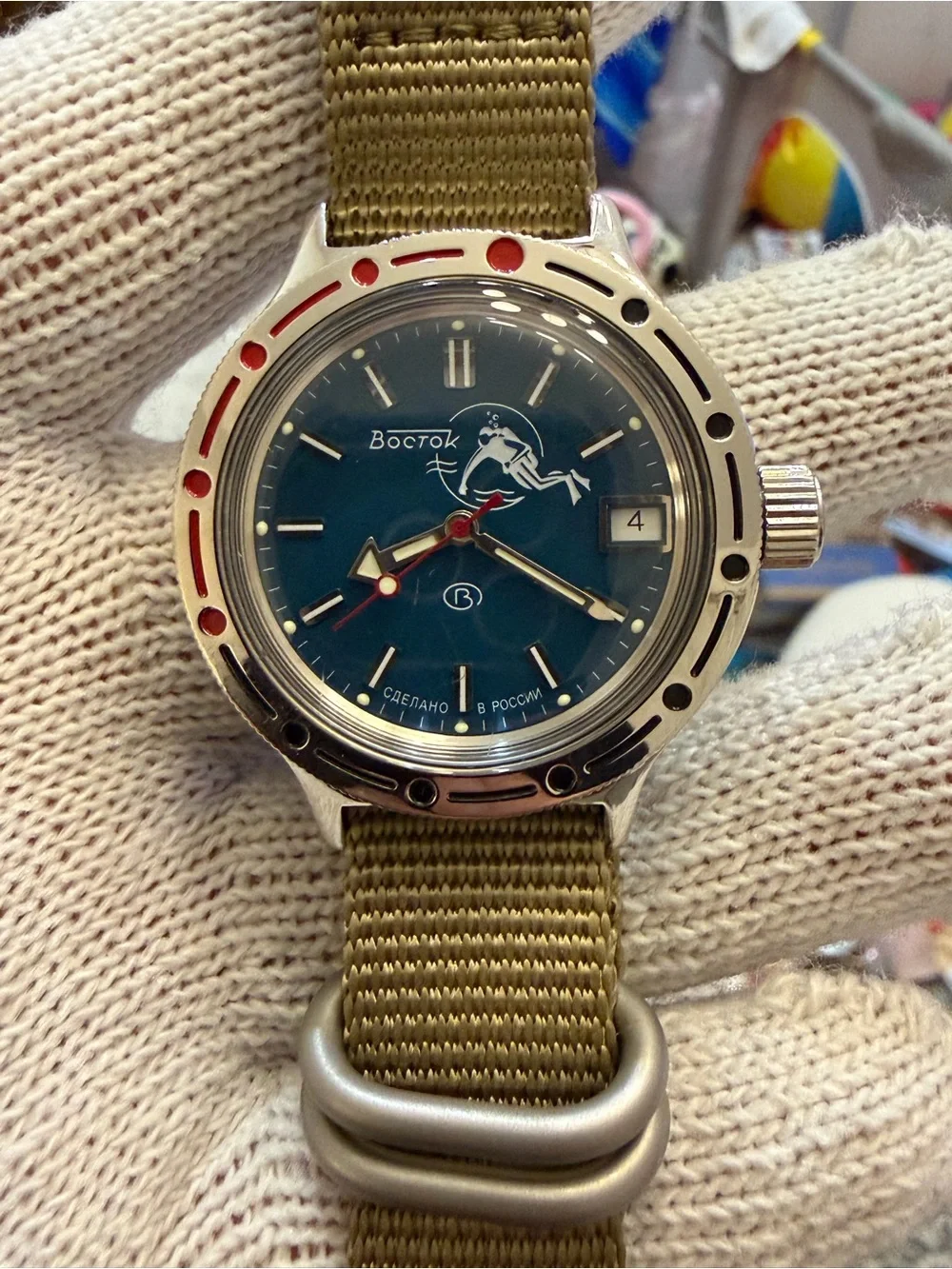 Vostok Amphibia 420059 Scuba Dude Automatic 200m Diver Watch Teal/Olive Dial